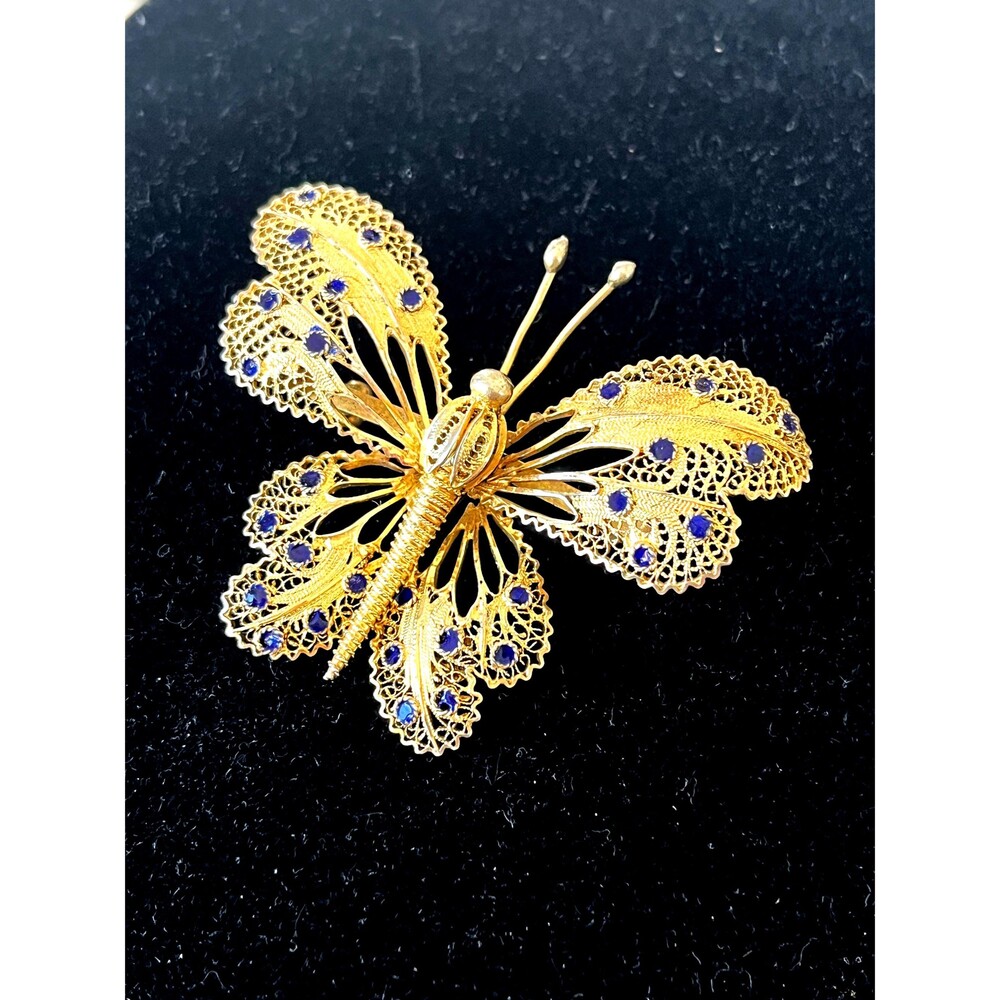 Vintage MCM Topazio Portugal Butterfly Brooch: 925 Sterling Vermeil, Blue Enamel